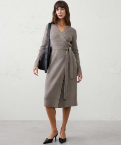 Brown Heather Ribbed Wrap Sweater Midi Dress