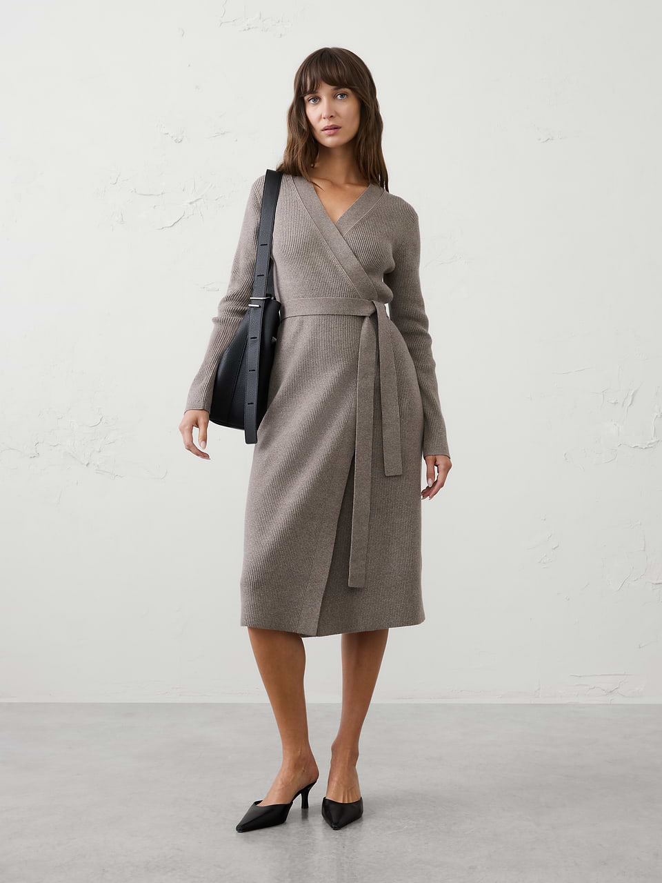 Brown Heather Ribbed Wrap Sweater Midi Dress