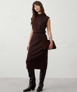 Dark Chocolate Blouson Mock-Neck Midi Sweater Dress