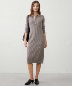 Brown Heather Ribbed Polo Midi Sweater Dress