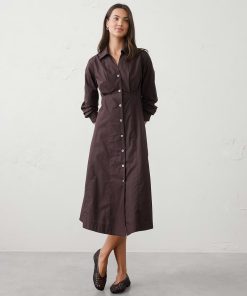 Dark Chocolate Seamed-Waist Midi Shirtdress