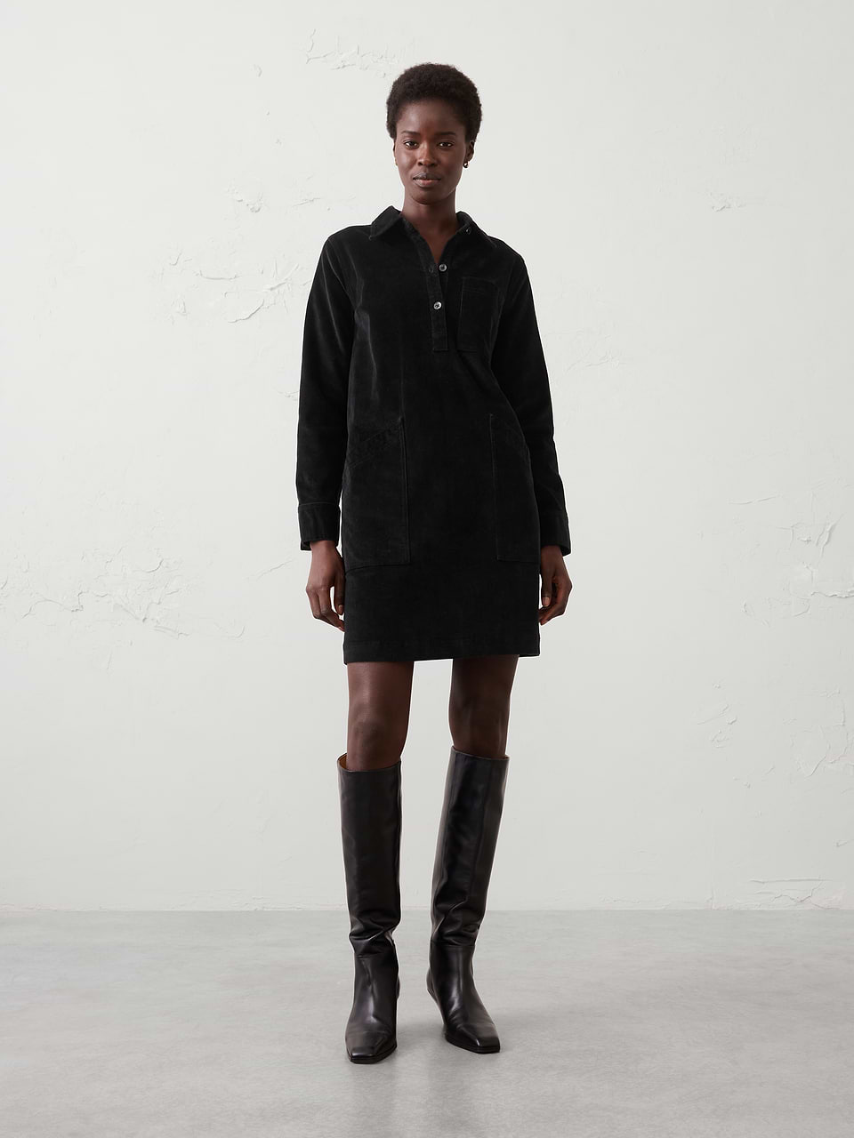 Black Collared Above-Knee Shift Dress