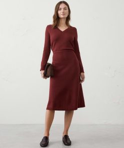 Deep Brick V-Neck Sweater Midi Dress