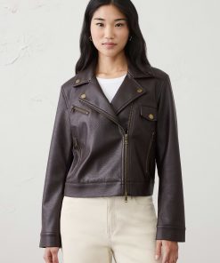 Dark Mahogany Vegan Leather Cropped Moto Jacket