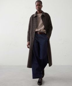 Brown Plaid Polyester-Wool Blend Reversible Double Face Coat