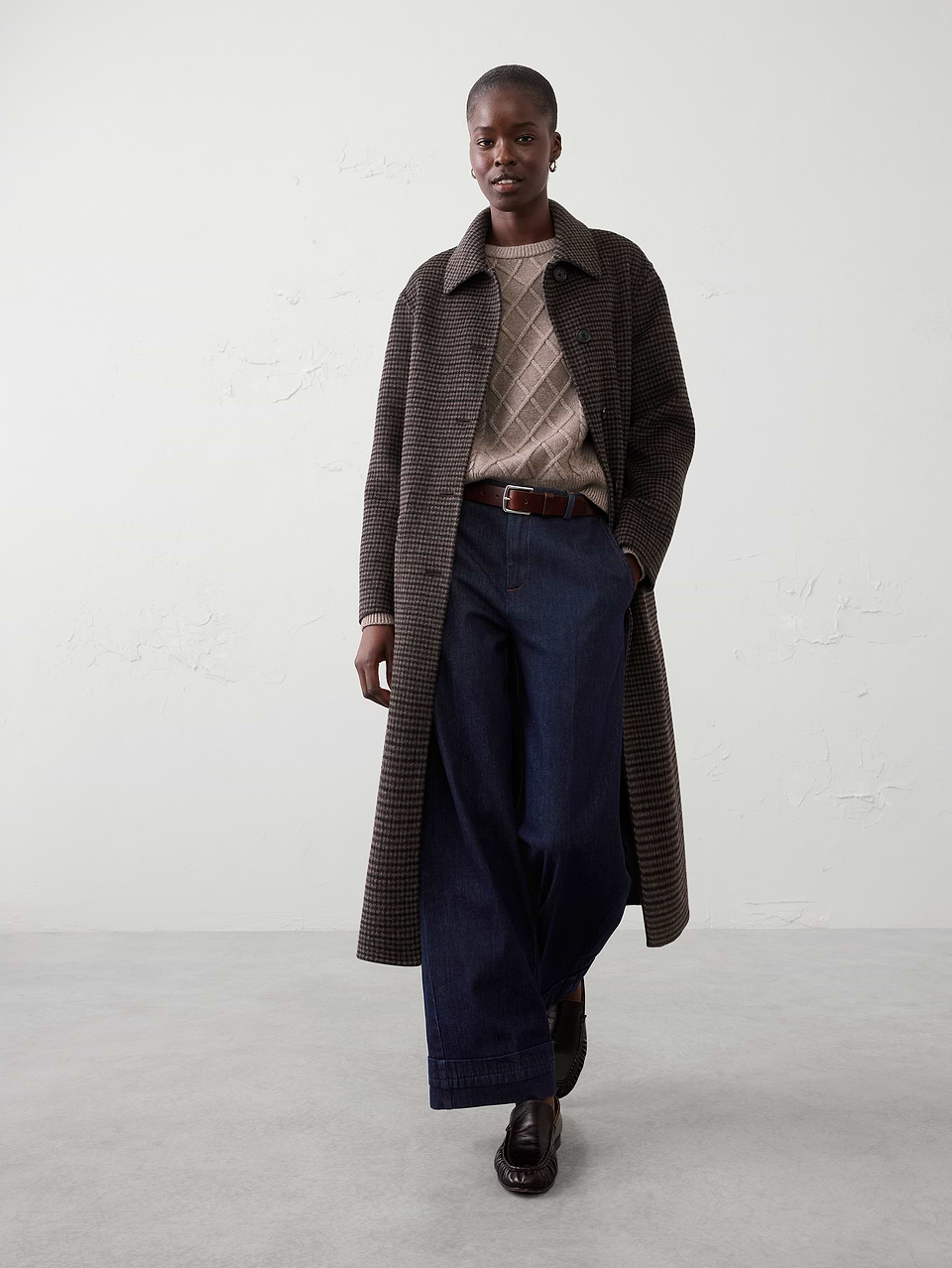 Brown Plaid Polyester-Wool Blend Reversible Double Face Coat