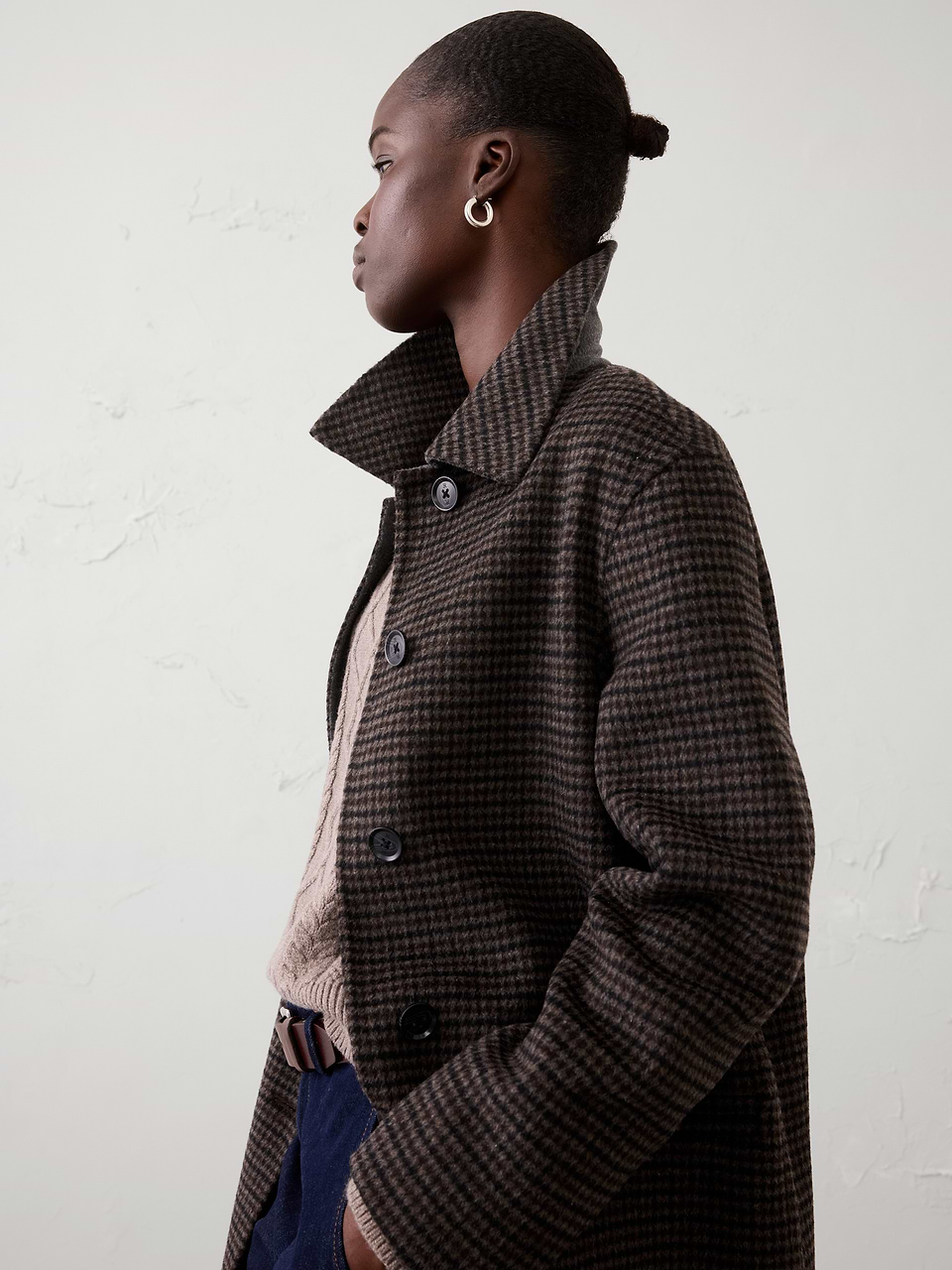 Brown Plaid Polyester-Wool Blend Reversible Double Face Coat - Image 3